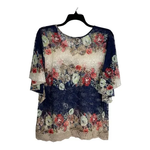 RAIN Lace Top Women's 1X Floral Kimono Sleeve Blouse Round Neck Ruffles Boho - Picture 3 of 8